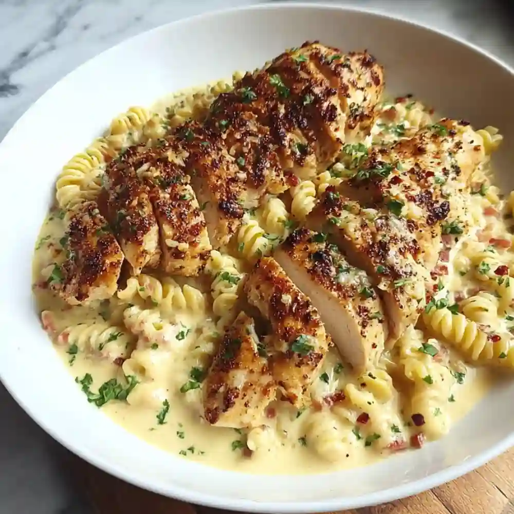 Stirring creamy garlic parmesan sauce in a skillet to emulsify.