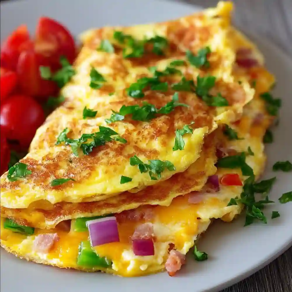  Lifting the edge of a cooking Western Omelette in a skillet to let raw egg run underneath.
