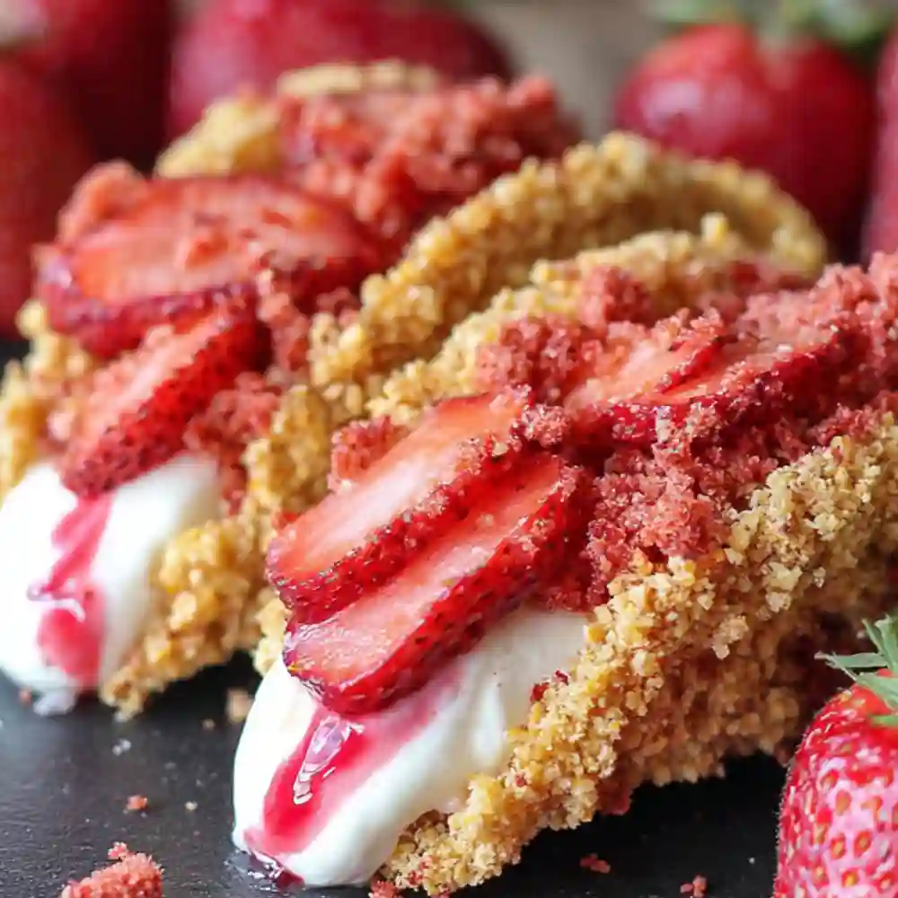 Close up of strawberry crunch topping and piped cheesecake filling.
