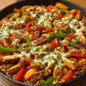 Cast iron pan filled with Cheese Chicken Fajita Skillet topped with melted queso and cilantro.