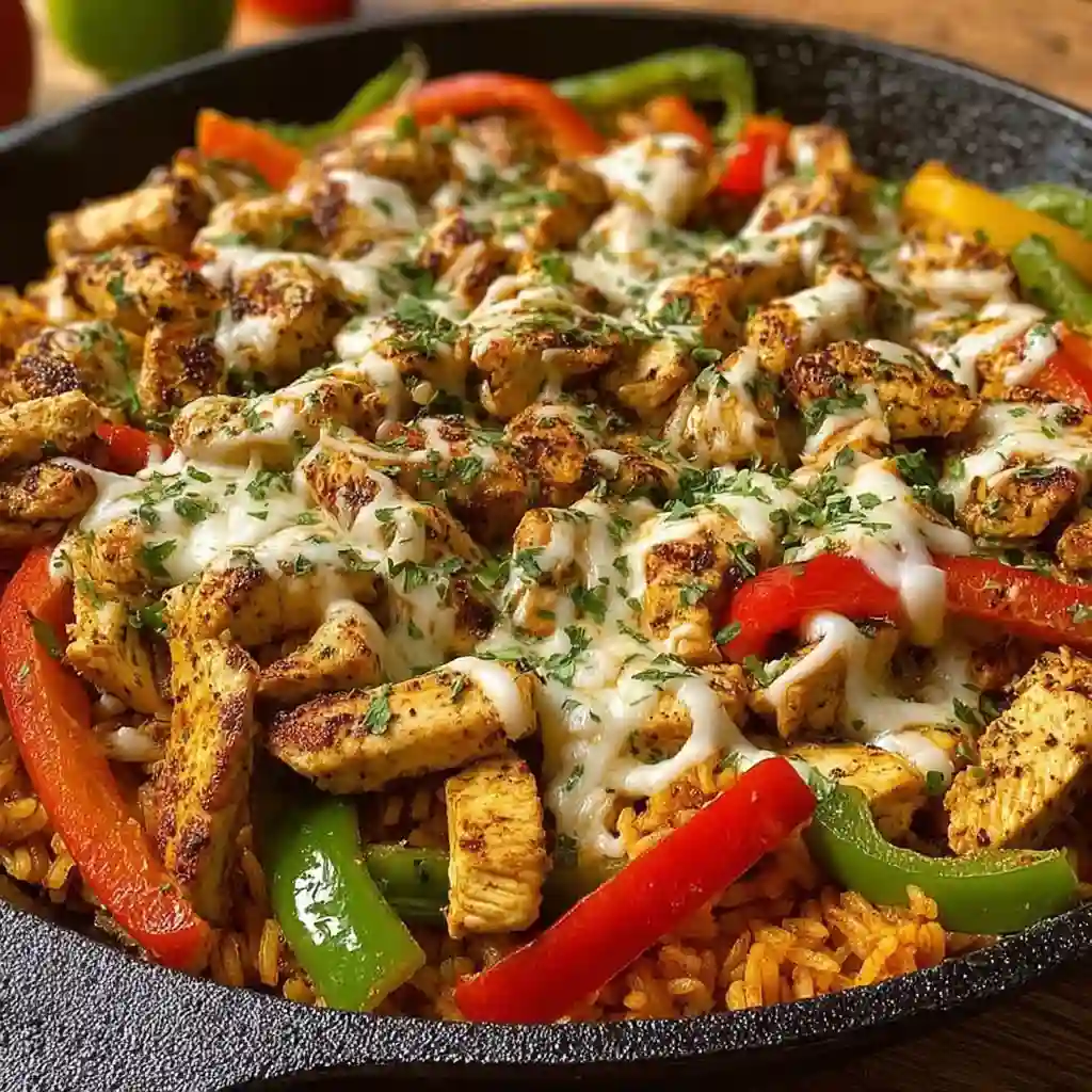 : Serving cheesy chicken fajita mixture into a soft flour tortilla with guacamole.
