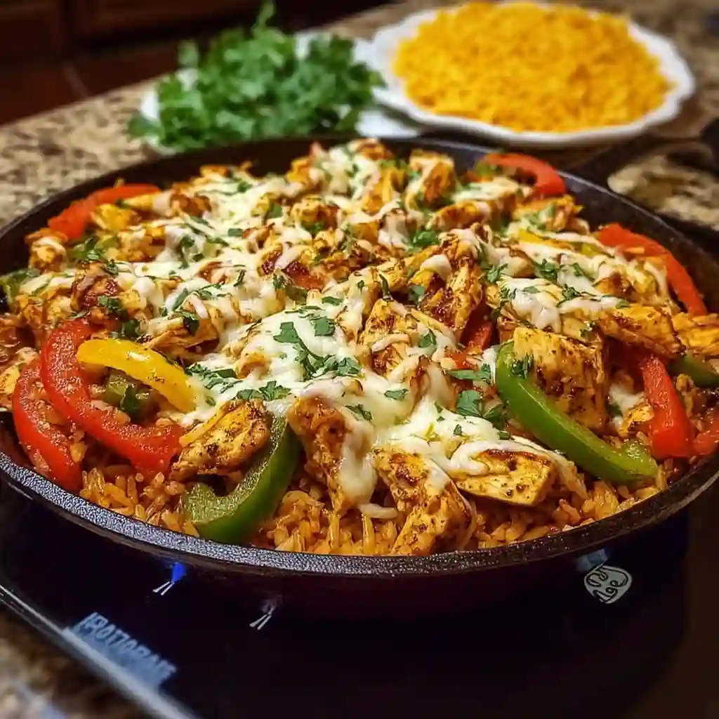 Searing chicken and colorful bell peppers in a skillet for fajitas.
