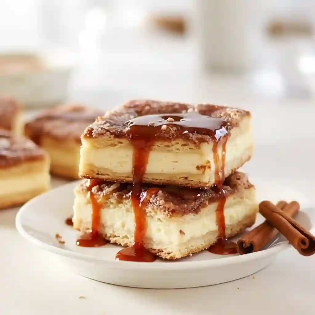 Pan of baked Churro Cheesecake drizzled with dulce de leche and topped with strawberries.