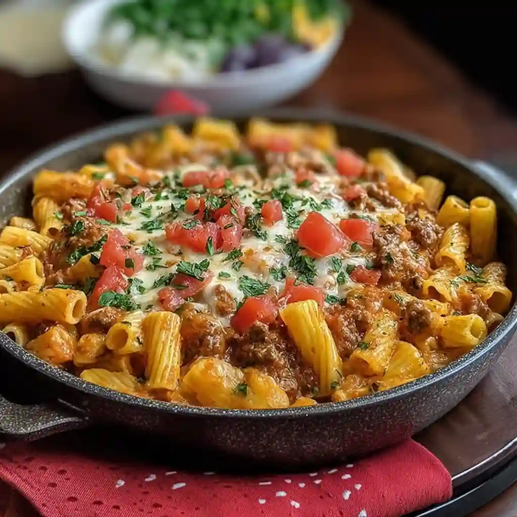 Stirring creamy cheese and ground beef sauce into pasta in a large skillet.
