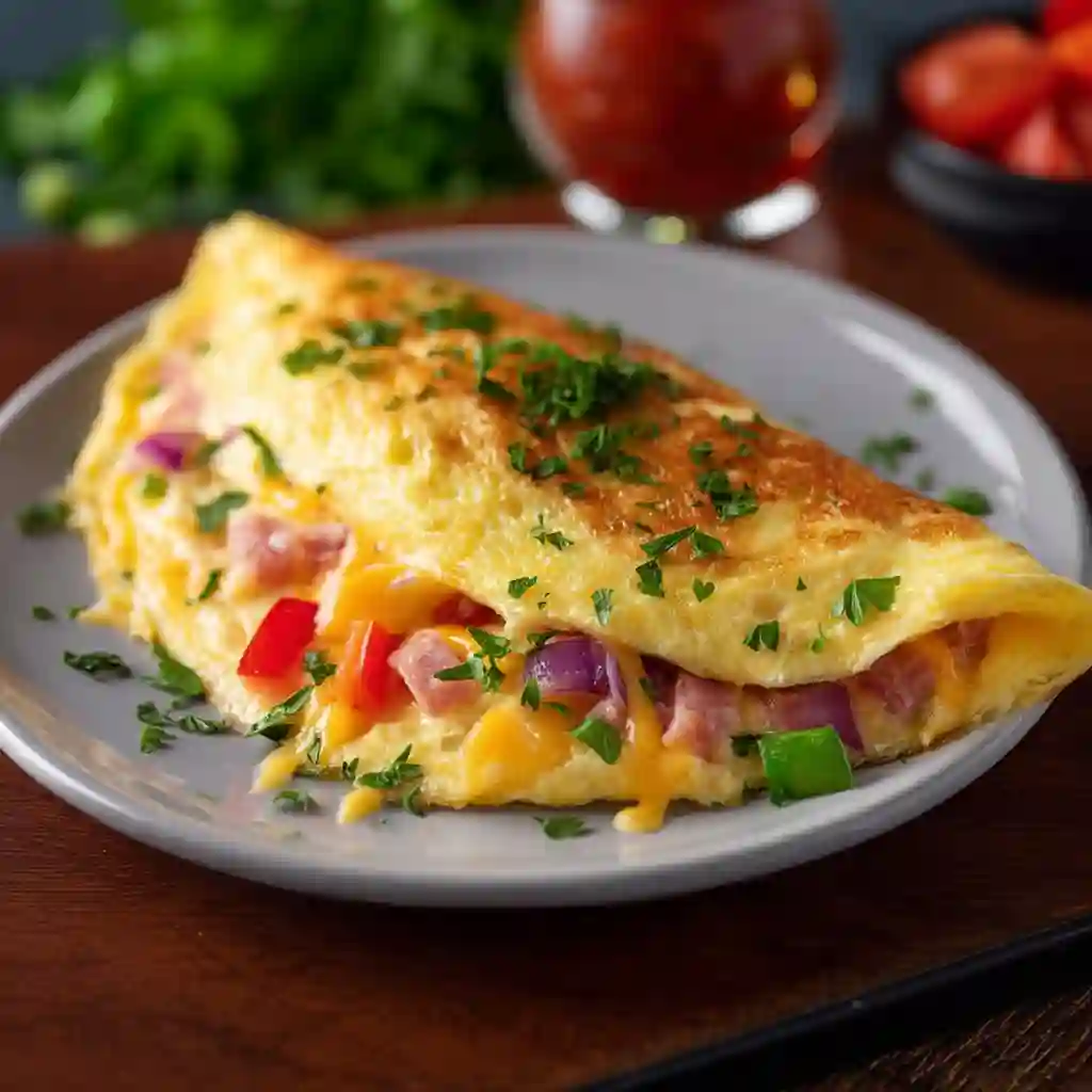 Ingredients for Western Omelette including diced ham, peppers, onions, and eggs.
