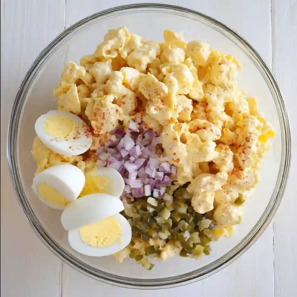 Whisking creamy yolk-based dressing for pasta salad in a glass bowl.