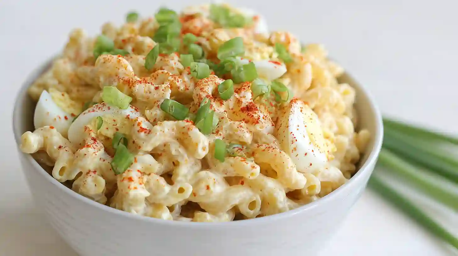 Bowl of creamy deviled egg pasta salad garnished with paprika and green onions.