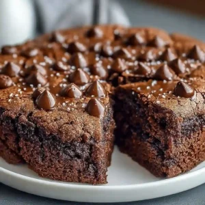 Top view of a freshly baked Double Chocolate Chip Cookie Cake with piped frosting.