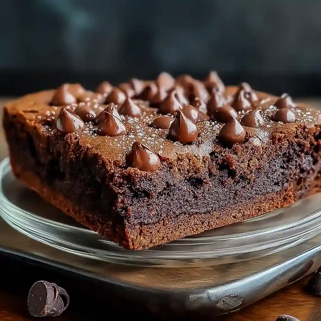 A slice of double chocolate cookie cake showing a fudgy, soft texture.