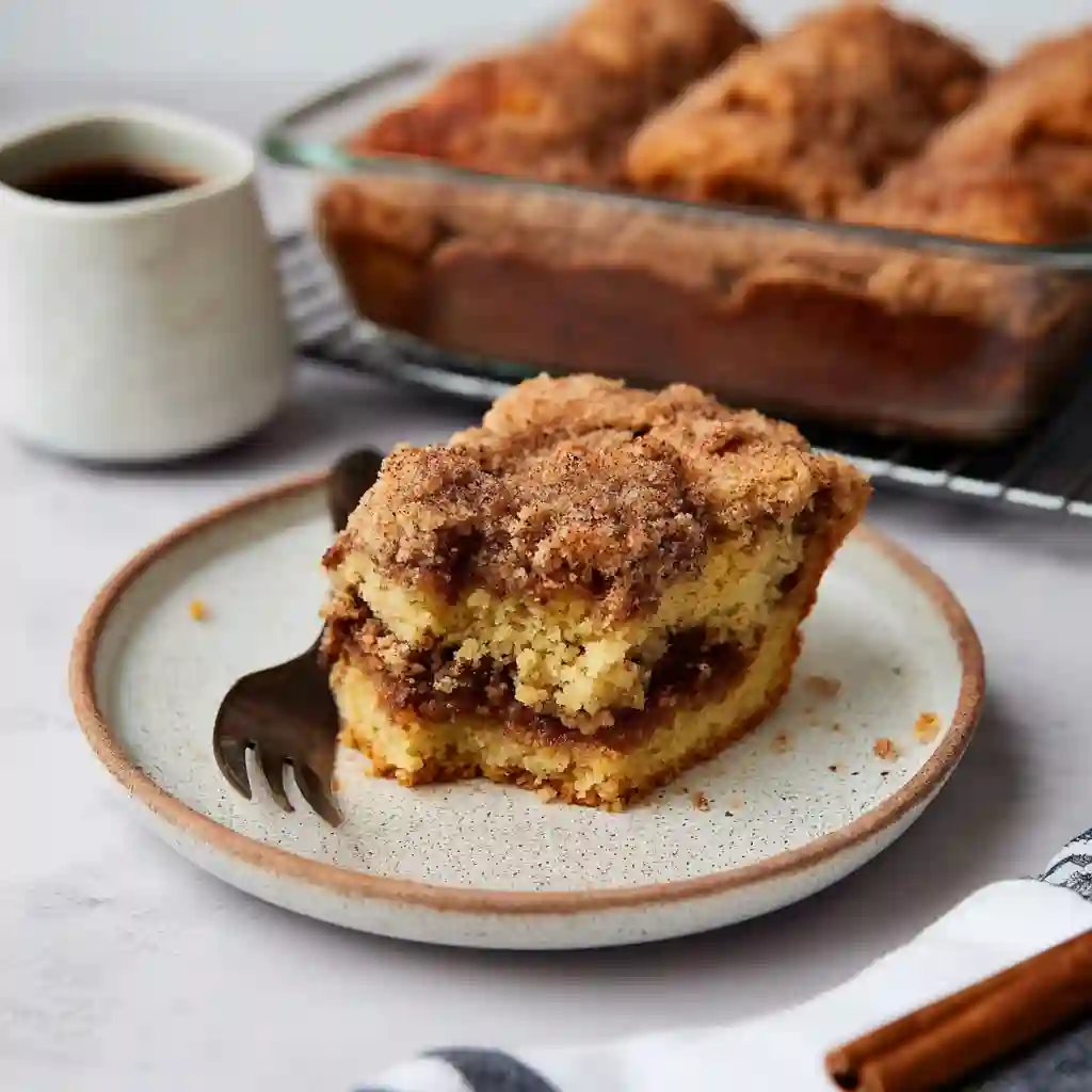  Close up of a fork cutting into a tender slice of cinnamon streusel cake.
