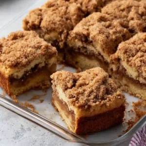 Sliced gluten-free cinnamon coffee cake on a wooden table with a cup of coffee.