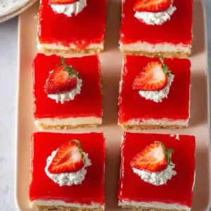 Slice of no bake strawberry cheesecake bars with fresh topping on a plate.