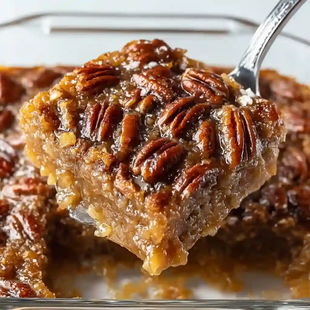 Slice of warm pecan dump cake topped with melting vanilla ice cream.