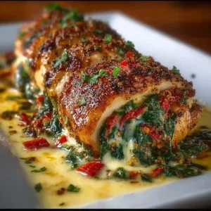 Uncooked chicken breast flattened and layered with spinach, red peppers, and mozzarella before rolling.