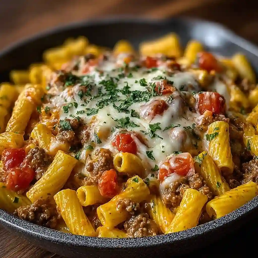  Ingredients for Rotel Pasta Fiesta displayed on a wooden table including pasta, beef, and Rotel tomatoes.