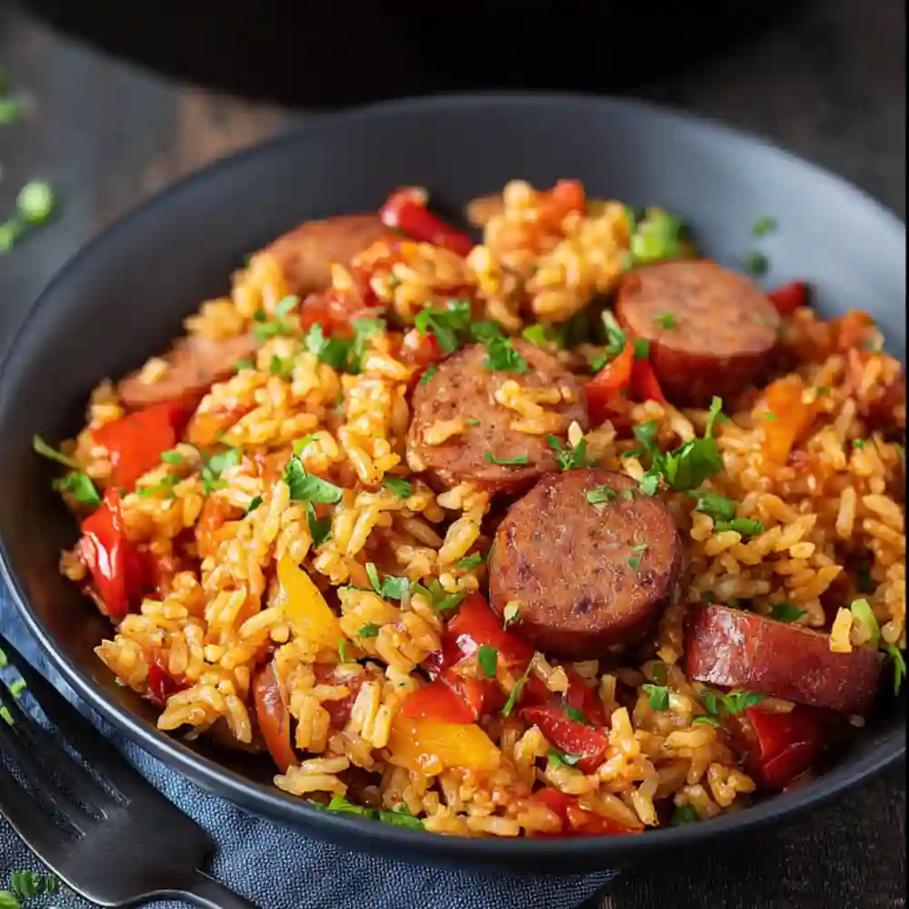 A wooden spoon serving a portion of fluffy Sausage and Rice Skillet, showing distinct rice grains and vegetables.