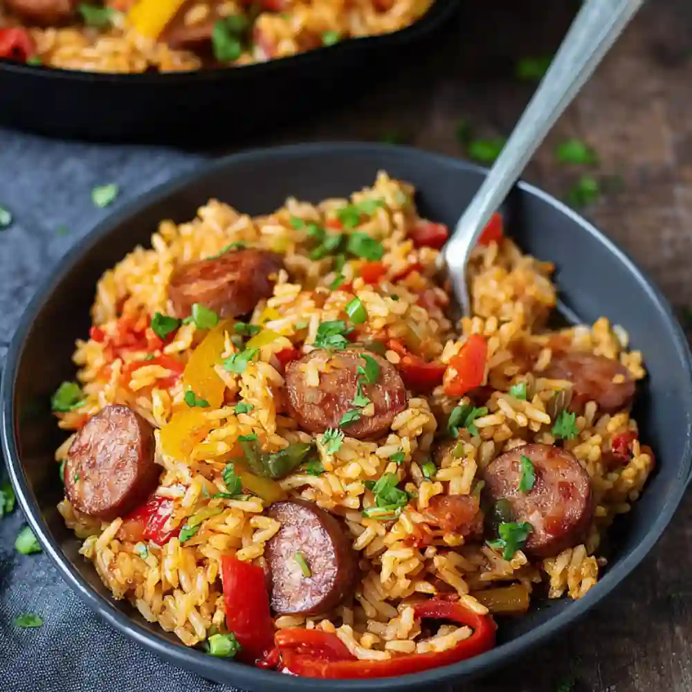 Sliced smoked sausage browning in a hot skillet to render fat for the Sausage and Rice Skillet recipe.