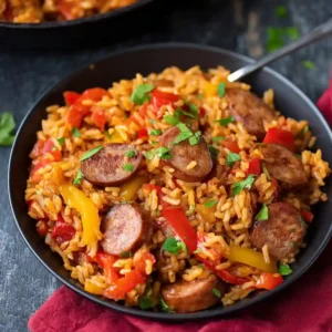 A cast iron skillet filled with creamy Sausage and Rice Skillet, featuring red and yellow peppers and fresh parsley.