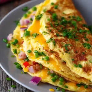 Fluffy Western Omelette recipe served on a white plate with toast and herbs.
