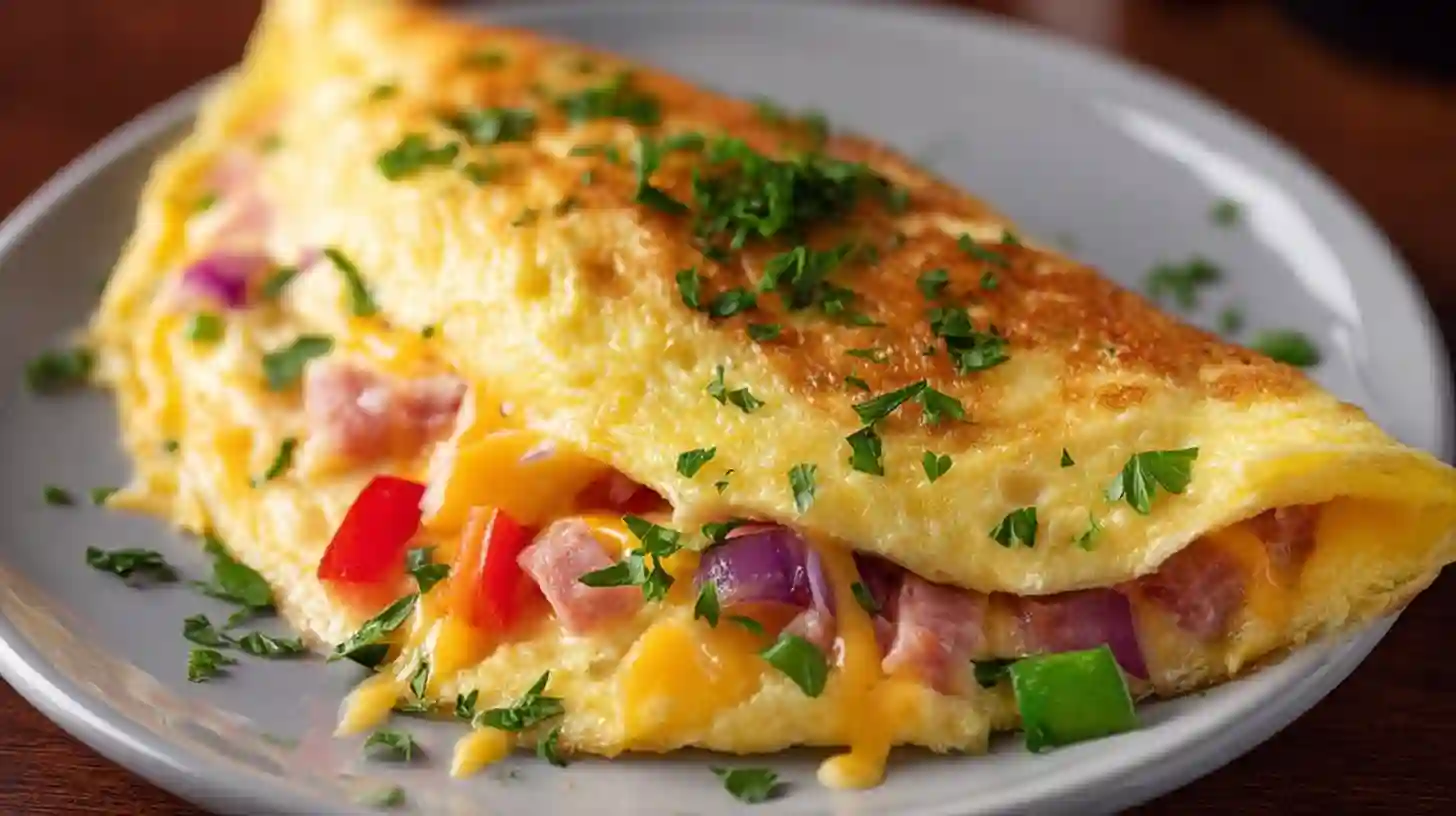 Fluffy Western Omelette recipe served on a white plate with toast and herbs.