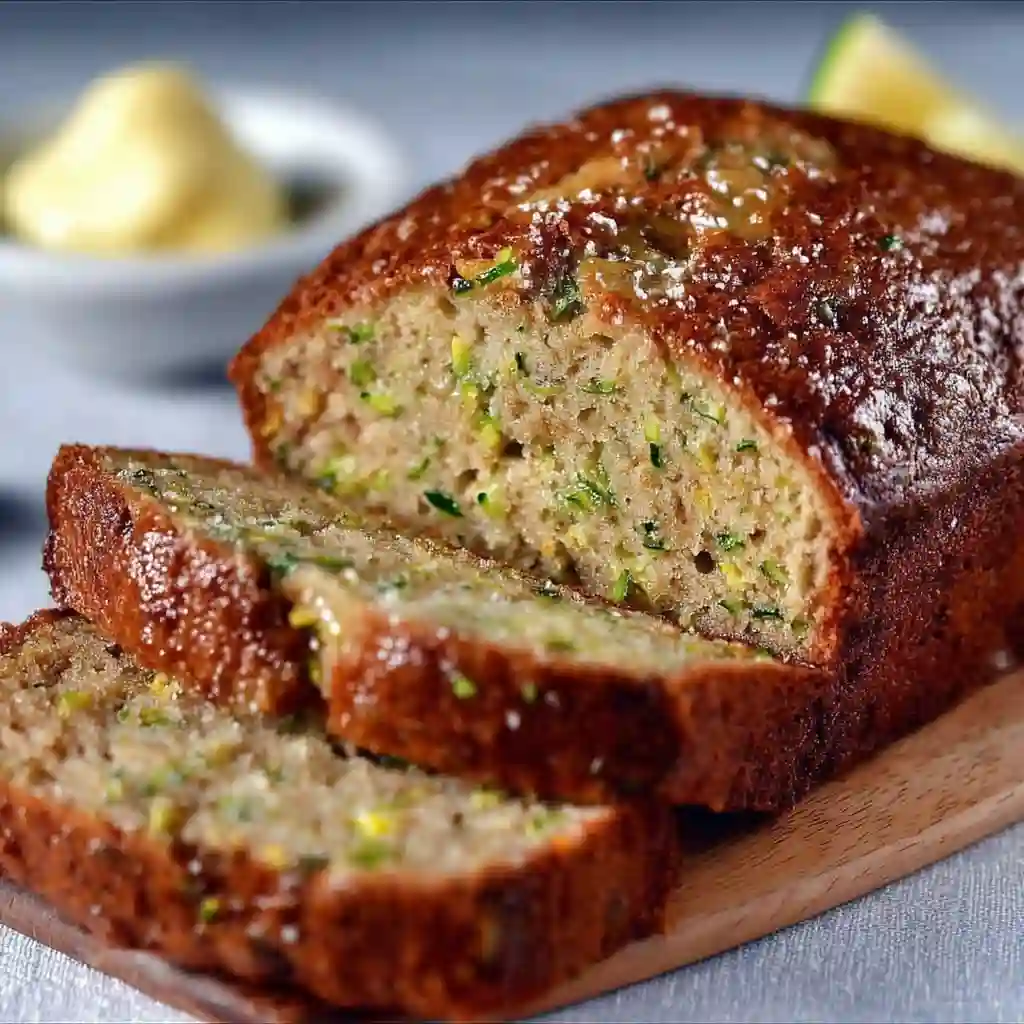 A slice of warm banana zucchini bread topped with melting butter.
